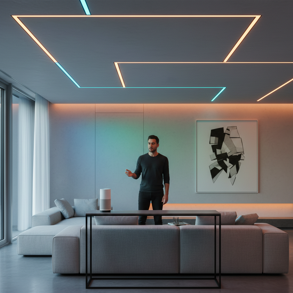 A person using voice commands to control colorful LED light rails integrated into a modern smart home living room