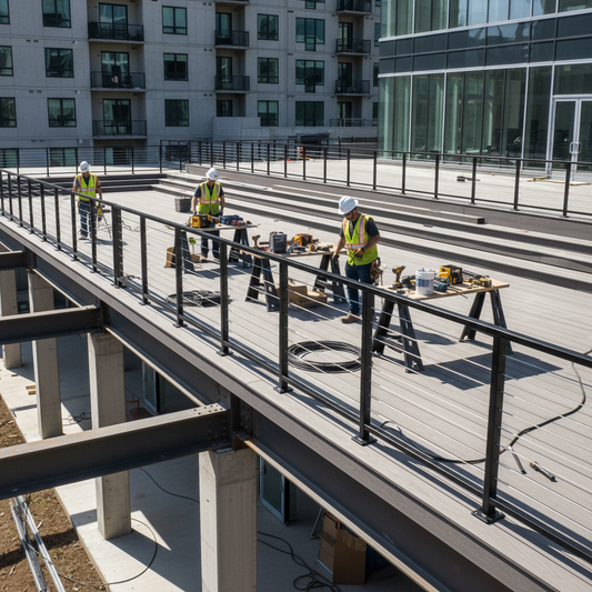 A professional decking crew installing modular black cable railing on a large deck project at a sunny jobsite.