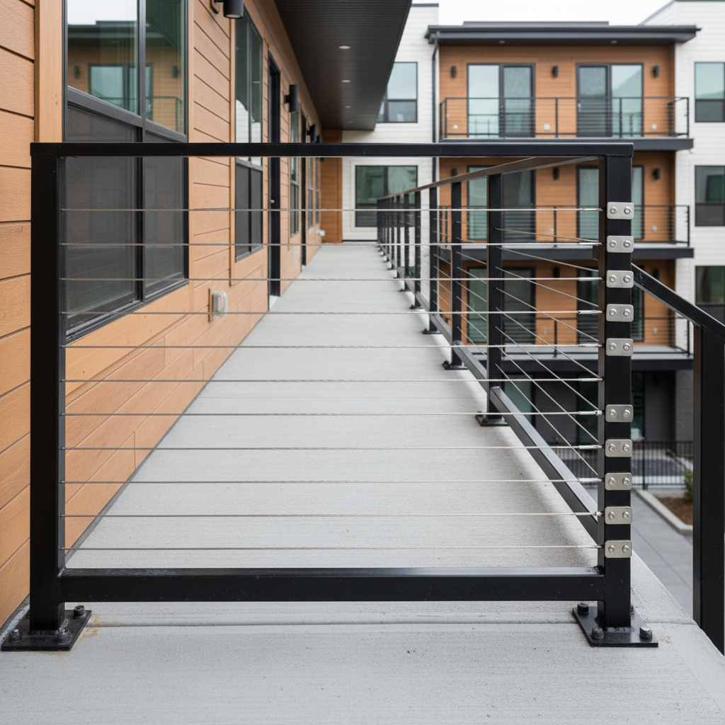 A professional view of installed commercial cable railing on a multi-family exterior balcony with modern metal hardware.