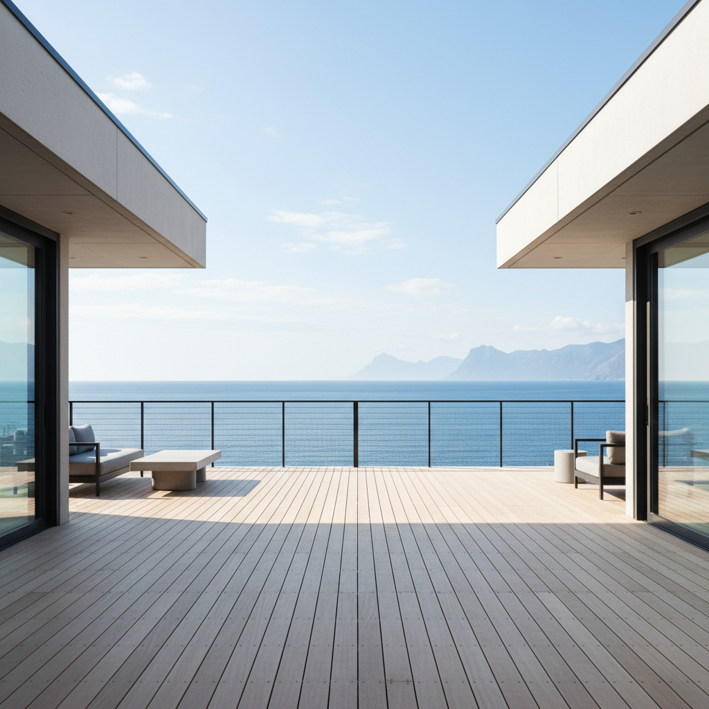 A modern residential deck with sleek black stainless steel cable railing, minimalist architecture, and a scenic ocean or mountain view in natural daylight.