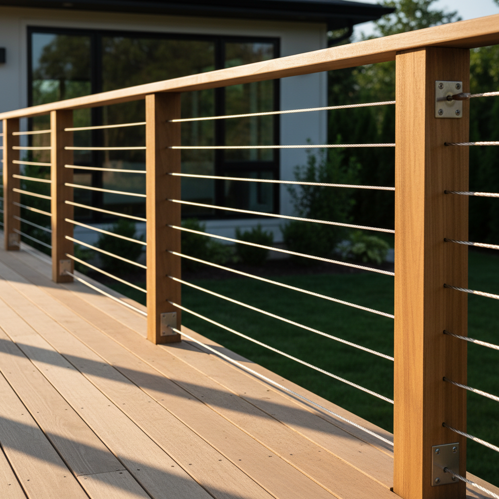 A modern deck with cable railing installed on attractive wood posts, showing stainless hardware and a clean outdoor finish.