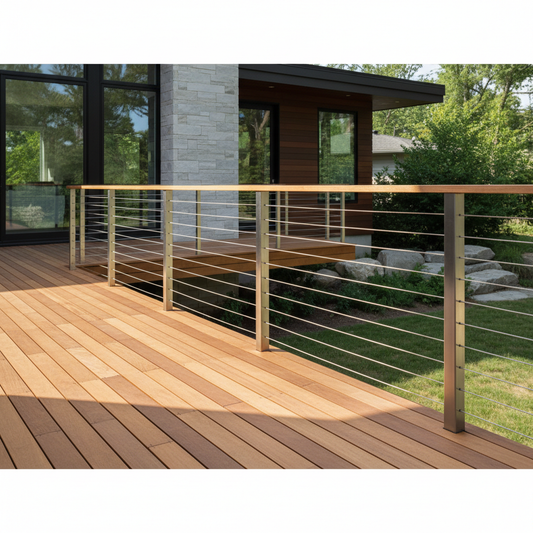 A modern wood deck with installed stainless steel cable railing in natural outdoor light.