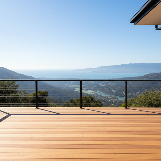 A modern deck with minimalist low-profile black cable railing overlooking a wide landscape in natural daylight.