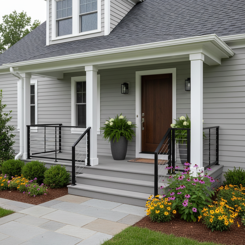 A modern suburban front porch with sleek black metal railing replacing old wood balusters, creating a clean updated look.