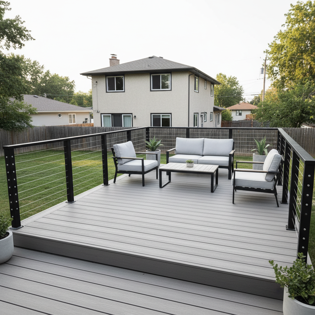 A modern suburban backyard deck with a clean black cable railing, minimalist seating, and natural daylight, showing a budget-friendly high-end look.