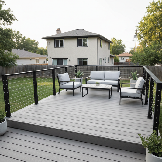 A modern suburban backyard deck with a clean black cable railing, minimalist seating, and natural daylight, showing a budget-friendly high-end look.