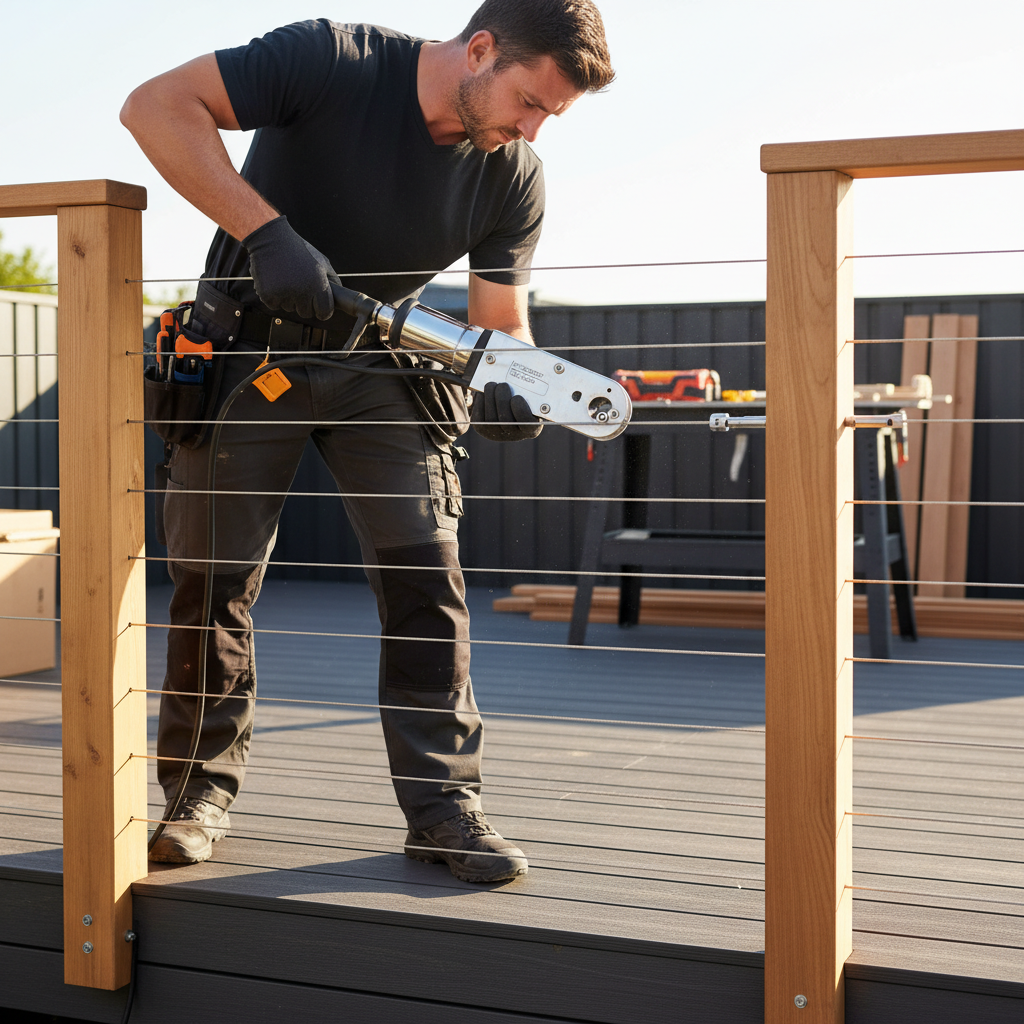 Professional contractor using hydraulic crimper tool to install stainless steel cable railing on modern wooden deck