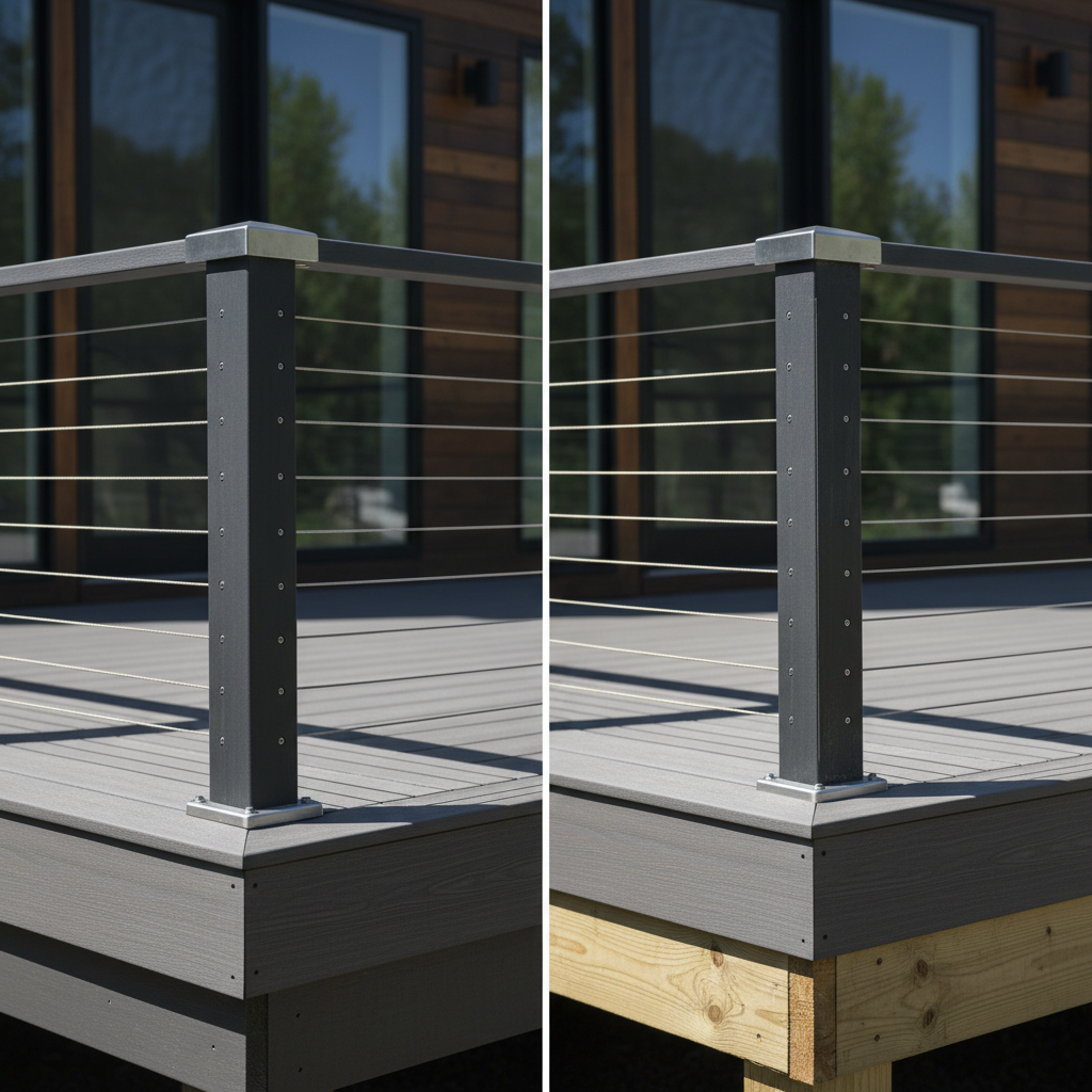 A modern residential deck showing a comparison between a flexible post with visible deflection and a solidly blocked post with stable support.
