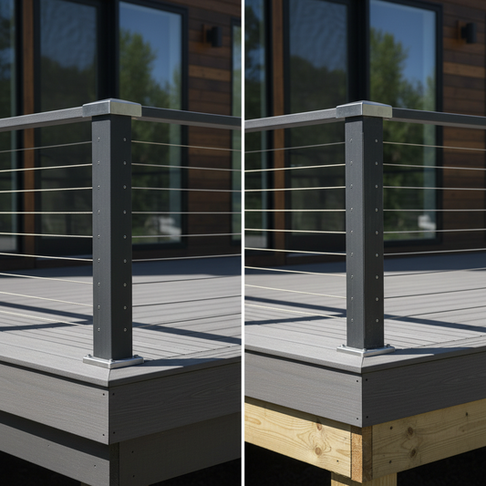 A modern residential deck showing a comparison between a flexible post with visible deflection and a solidly blocked post with stable support.