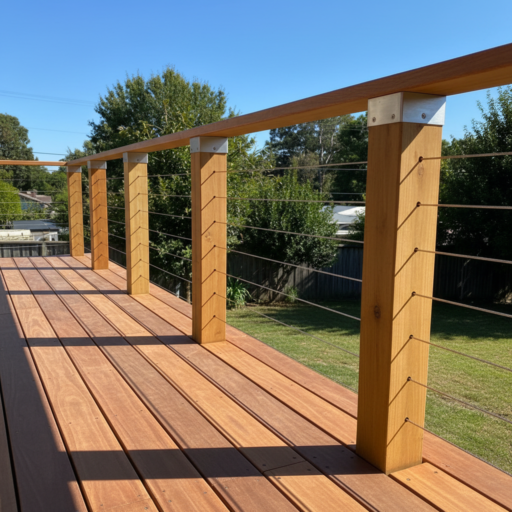 A modern completed cable railing on a wooden deck under sunny outdoor light.