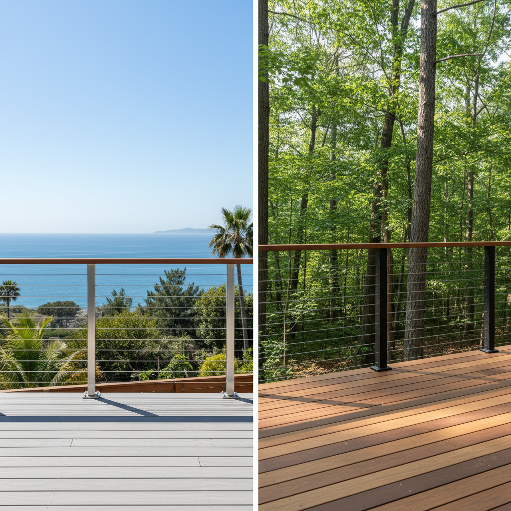 A split-view modern deck railing comparison showing shiny stainless steel on one side and matte black aluminum on the other, both in bright outdoor settings.