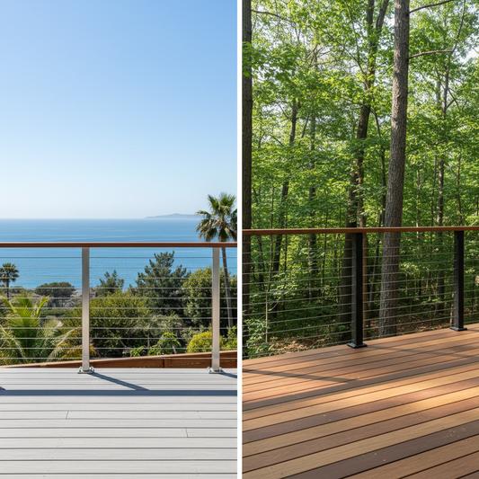 A split-view modern deck railing comparison showing shiny stainless steel on one side and matte black aluminum on the other, both in bright outdoor settings.