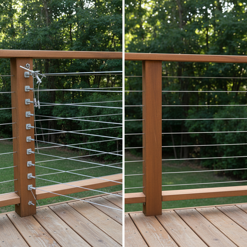 A split-view outdoor deck railing showing a failed cable installation with sagging lines beside a correctly tensioned and aligned railing.