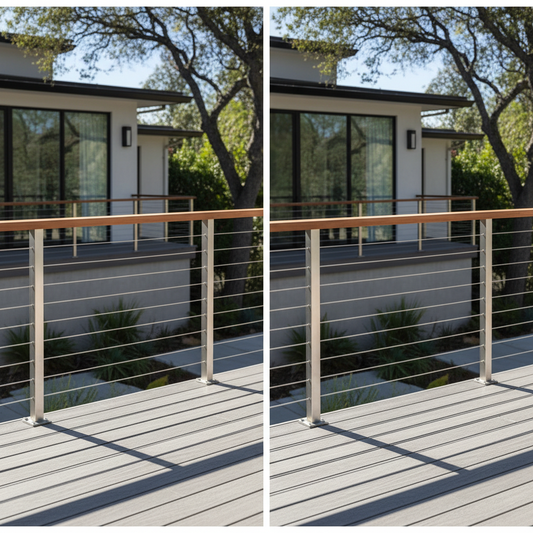 Side-by-side comparison of modern residential deck railings at 36 inches and 42 inches high with stainless steel cable infill.
