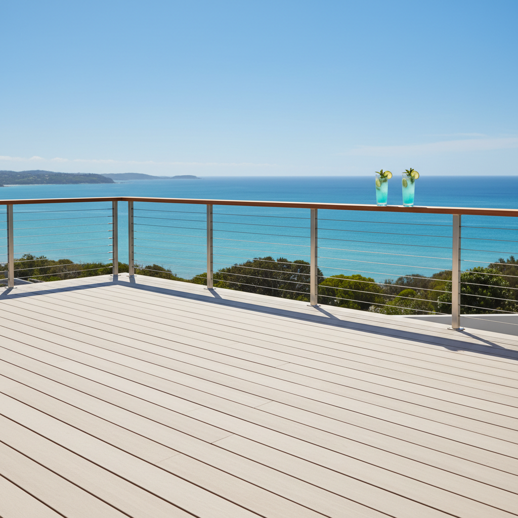 A modern deck with cable railing and a flat wooden drink rail on top, with drinks resting on the rail and a high-end ocean view in the background.