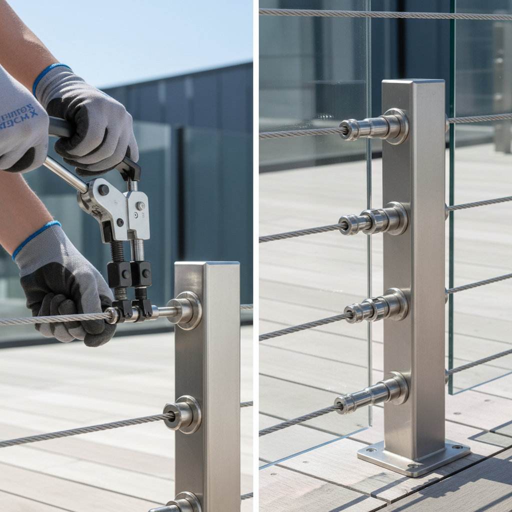 Side-by-side comparison of a hydraulic crimping tool used on cable railing and swageless cable fittings installed on a deck railing in an outdoor setting.