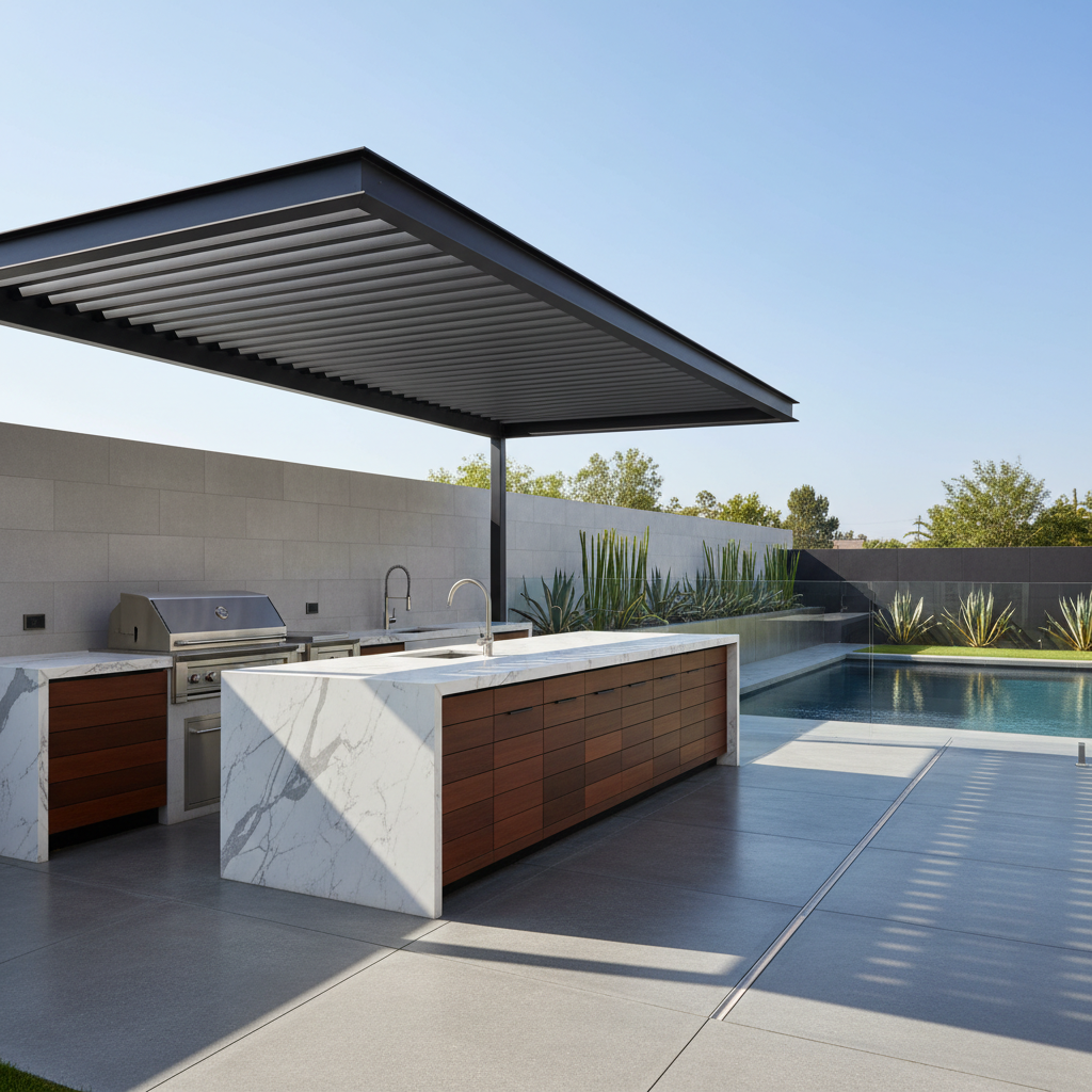 A modern outdoor kitchen beneath a sleek metal frame pergola in a contemporary backyard setting.