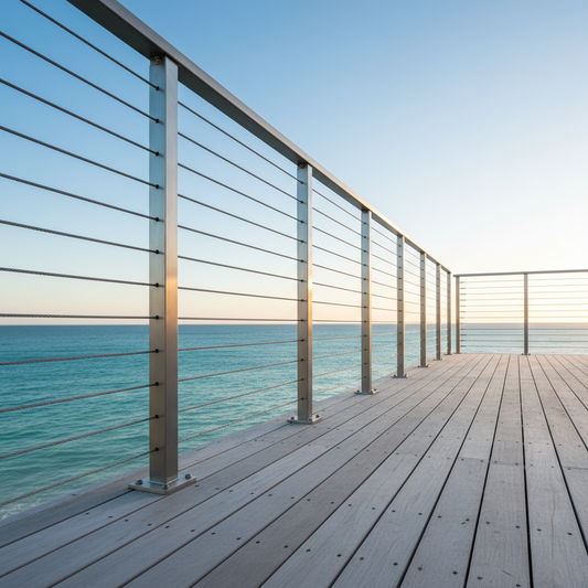 A modern T316 stainless steel cable railing installed on a coastal deck with ocean background and clean lines.