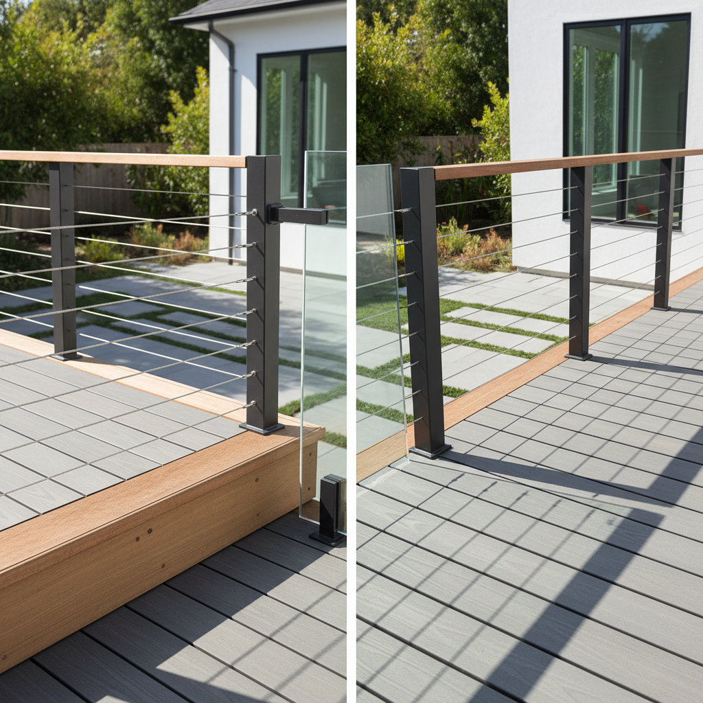 Modern deck with cable railing shown in a clean split view comparing fascia mount and surface mount examples.