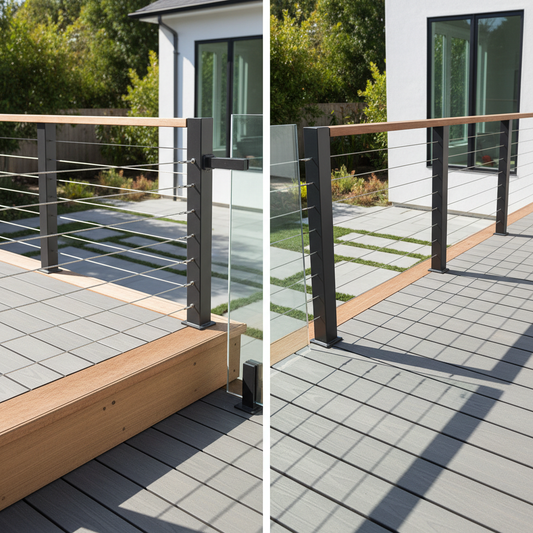 Modern deck with cable railing shown in a clean split view comparing fascia mount and surface mount examples.