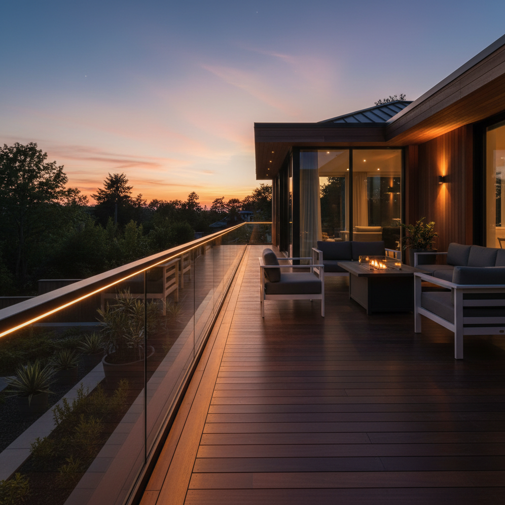 A modern outdoor deck at dusk with a sleek illuminated LED handrail creating a warm luxurious glow.