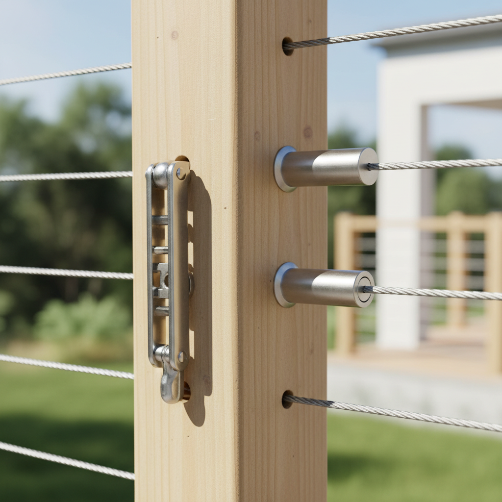 Side-by-side view of turnbuckle and swageless cable railing fittings on a modern outdoor deck railing.