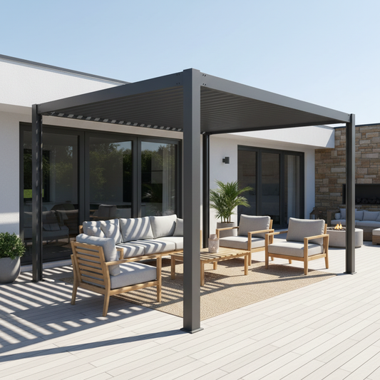 A modern deck patio with a modular aluminum pergola installed, leaving comfortable space around outdoor furniture.