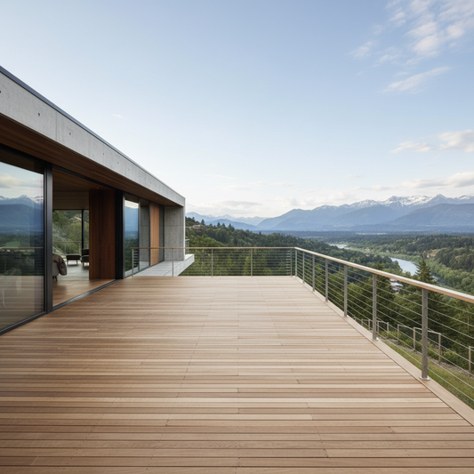 A modern deck with minimalist cable railing overlooking a scenic view.