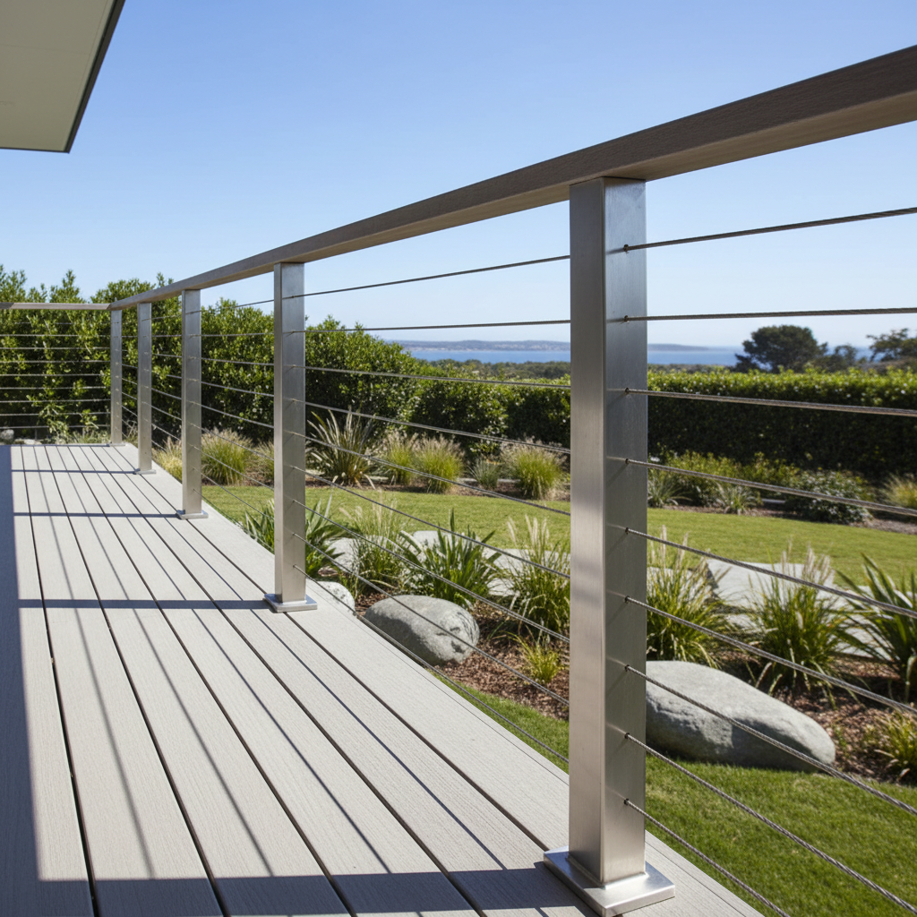 A completed stainless steel cable railing on a modern deck with bright daylight and a clean ocean or backyard view.