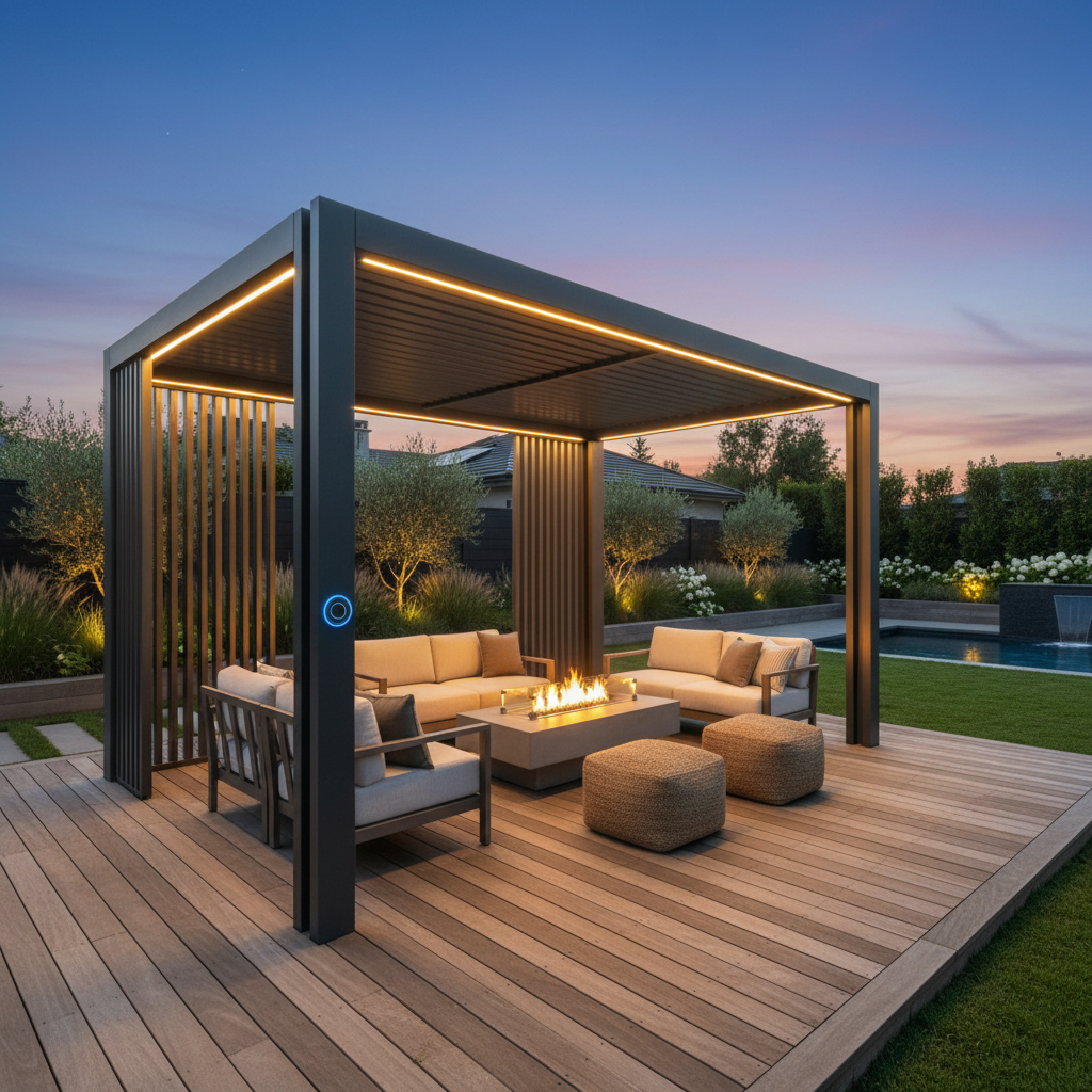 Modern metal pergola with integrated LED lighting and partial privacy screens on a high-end residential backyard deck at dusk, featuring subtle smart control elements.