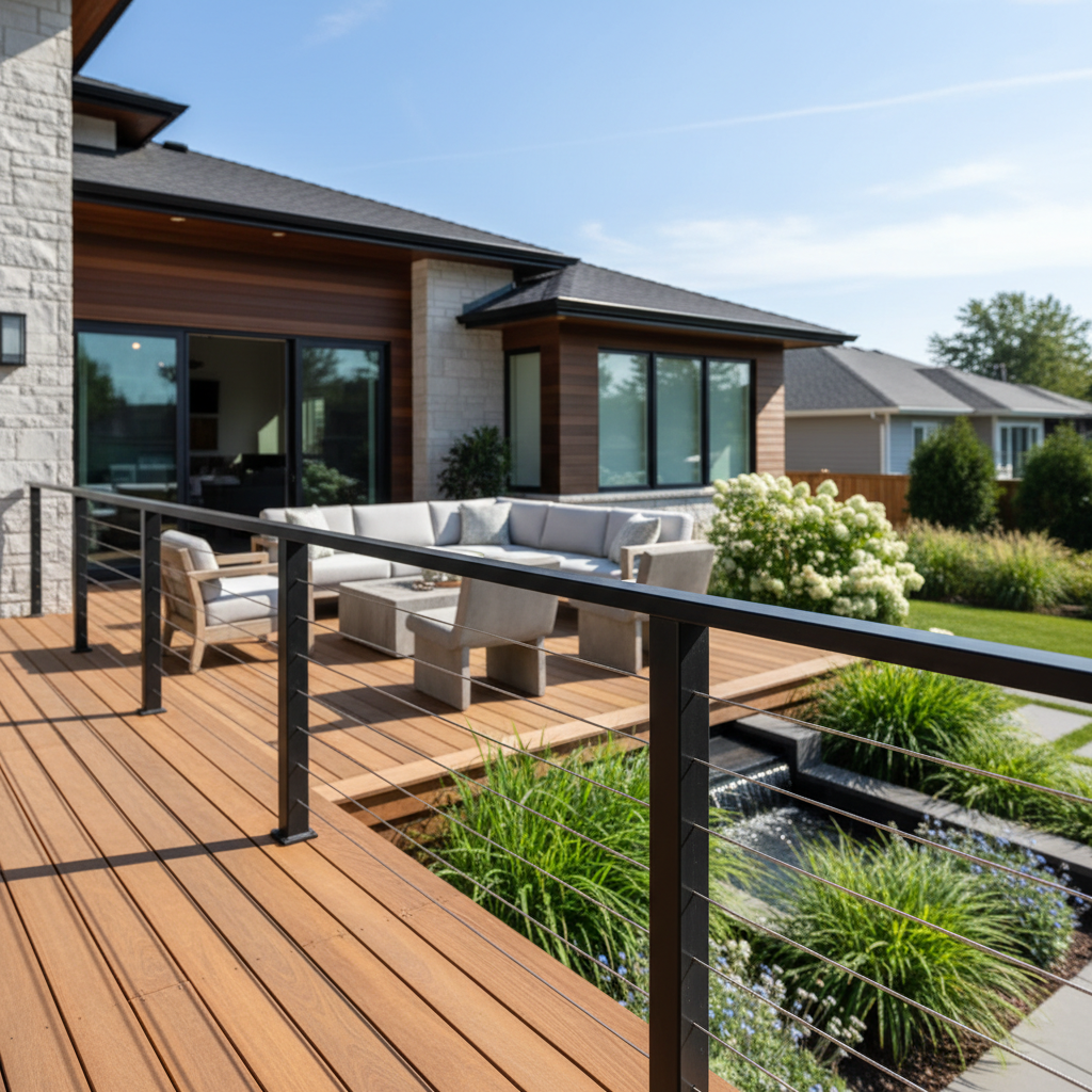 A modern residential deck with sleek black cable railing on a sunny day.