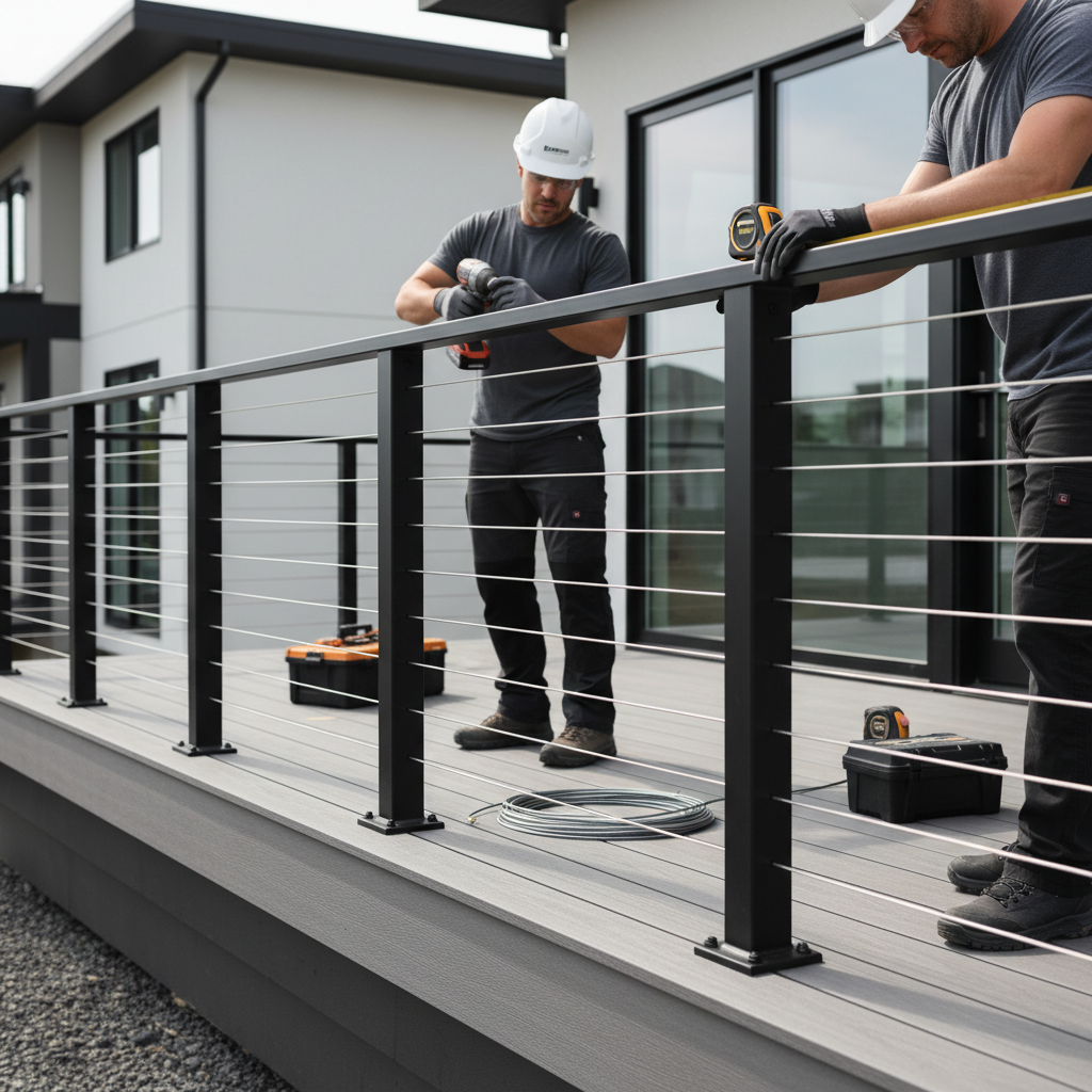 A professional contractor installing a modular black cable railing system on a modern outdoor deck.