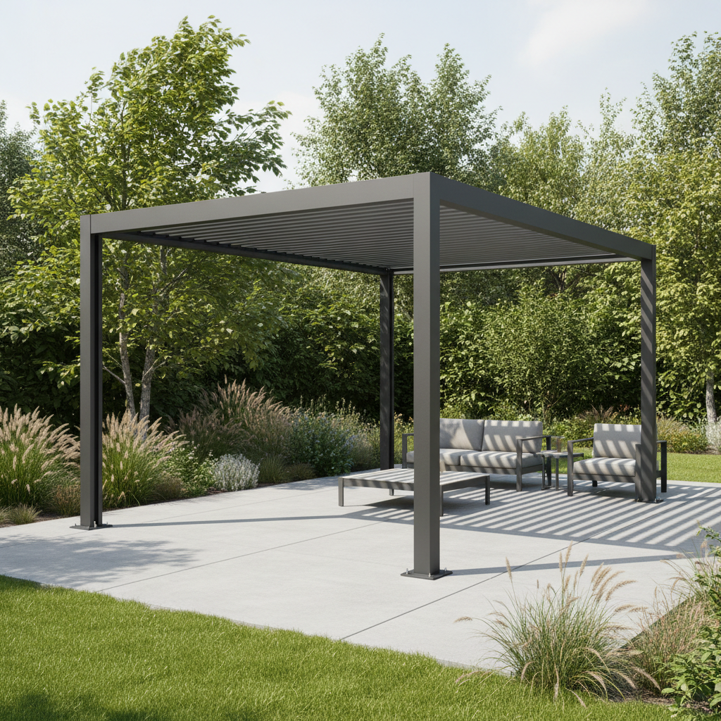 A modern aluminum modular pergola securely anchored to a concrete patio in a backyard, with wind-blown foliage around it and the structure remaining stable.