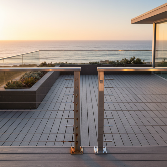 A modern coastal deck with cable railing, showing a side-by-side contrast between rust-prone hardware and pristine marine-grade stainless steel in a realistic outdoor setting.