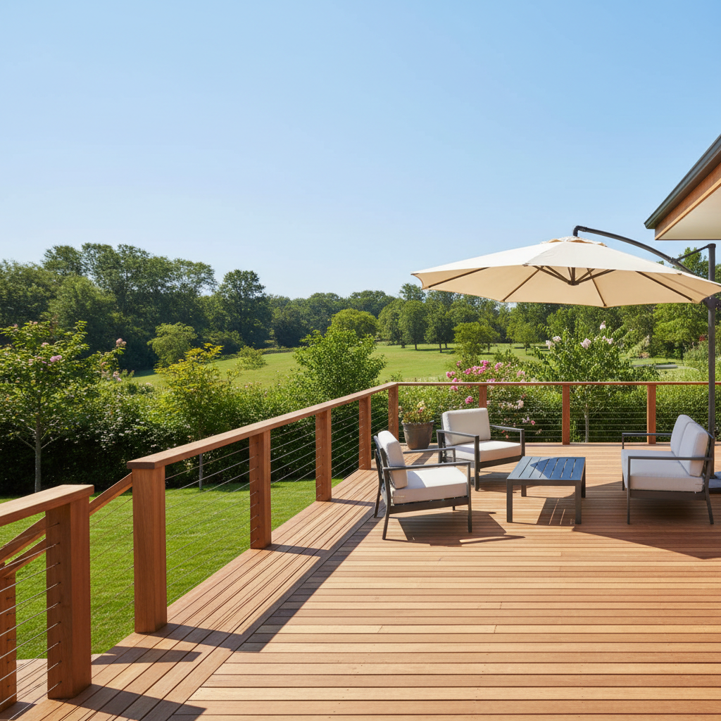 Modern deck with black cable railing system overlooking a backyard, showing clean minimalist design and code-compliant post spacing