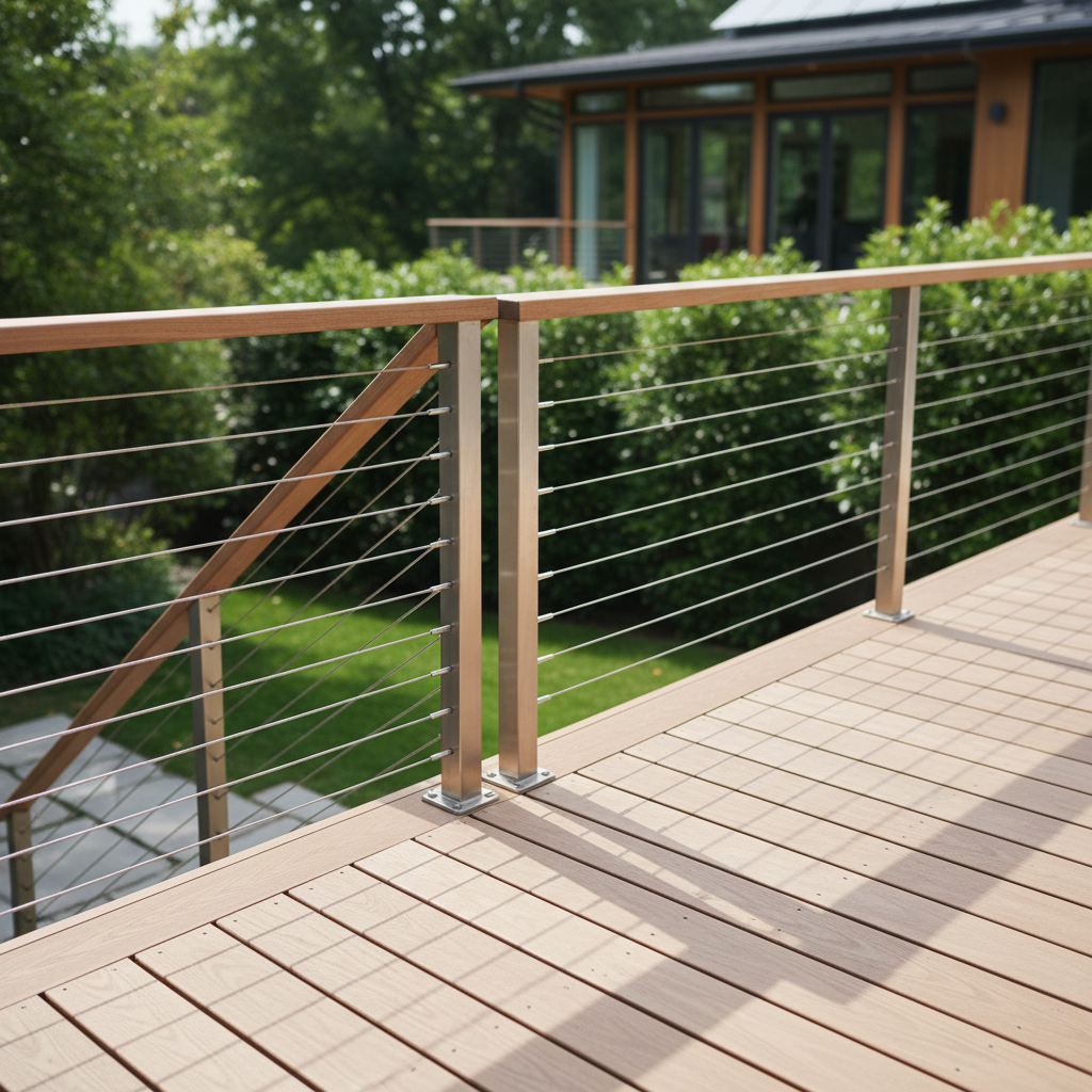 A modern deck staircase transitioning to a landing with clean stainless steel cable railing, shown in bright outdoor daylight.