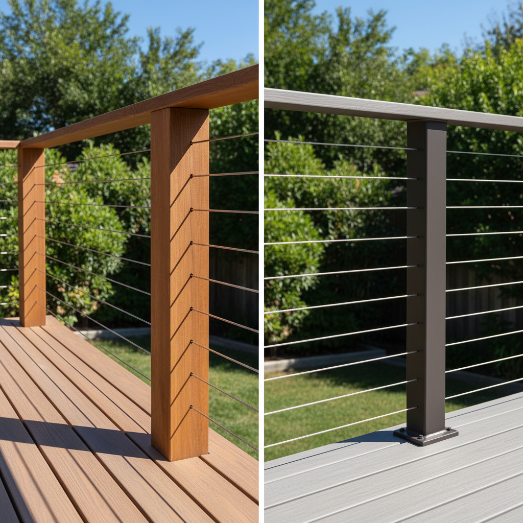 Side-by-side outdoor deck railing comparison showing wood cable railing posts versus metal cable railing posts, with the wood version visibly sagging and the metal version staying rigid.