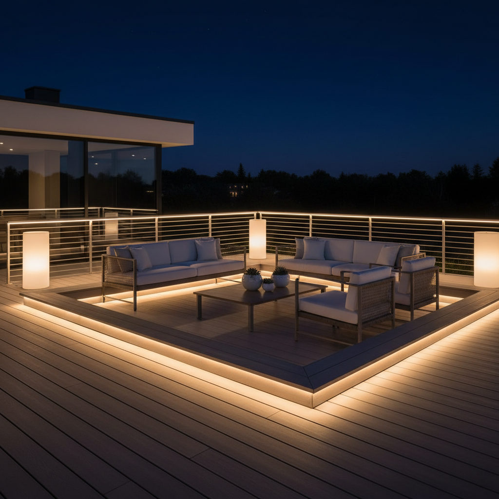 A modern deck at night with softly glowing illuminated low-voltage LED handrail railing, creating a safe and upscale outdoor ambiance.