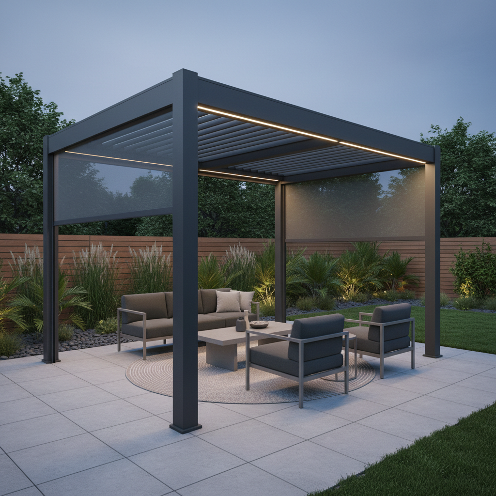 A modern backyard patio with a sleek dark aluminum pergola, integrated lighting, minimalist furniture, and landscaped greenery at dusk.