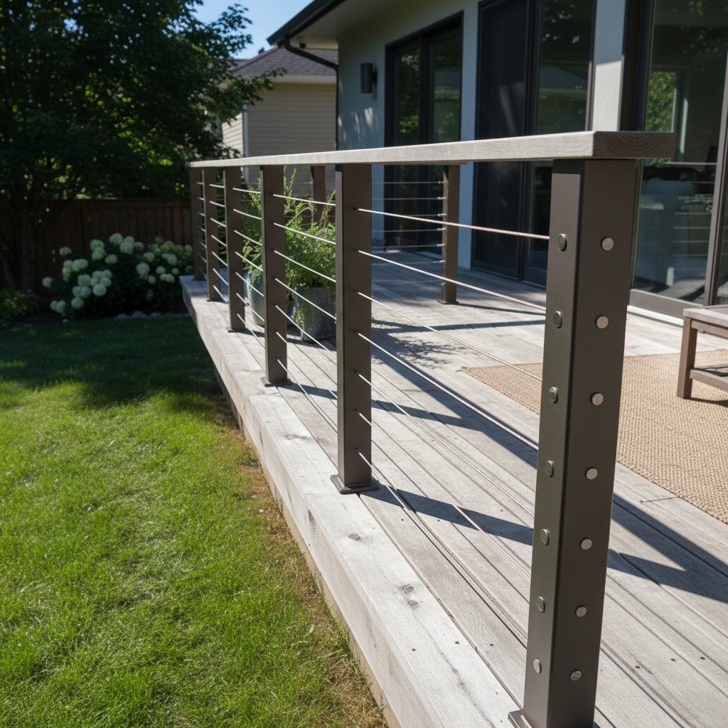 Outdoor wooden deck with visibly sagging stainless steel cable railing in a sunny backyard, illustrating the cable railing sag problem.
