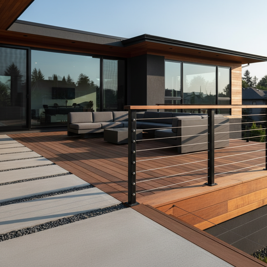 A modern outdoor deck with sleek black stainless steel cable railing in natural daylight.