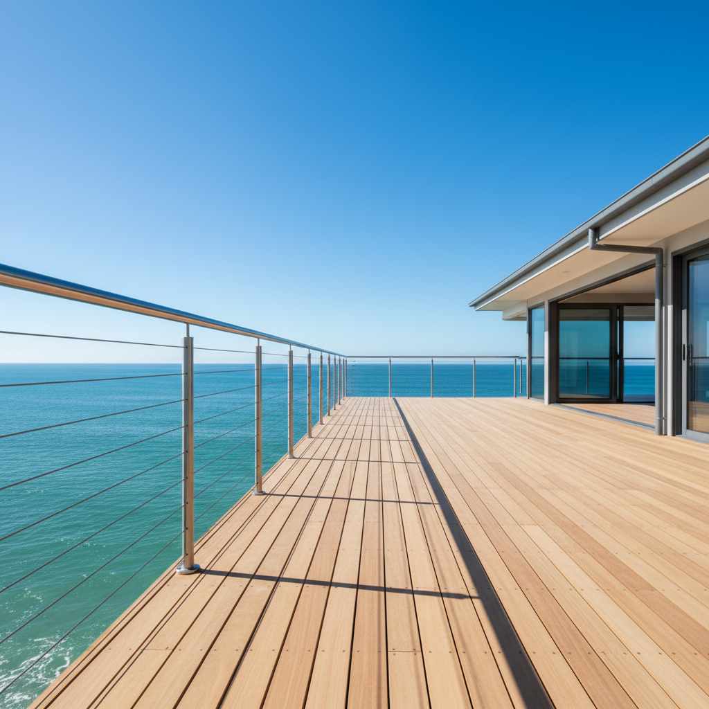 A modern coastal deck with shiny stainless cable railing overlooking the ocean on a bright sunny day.