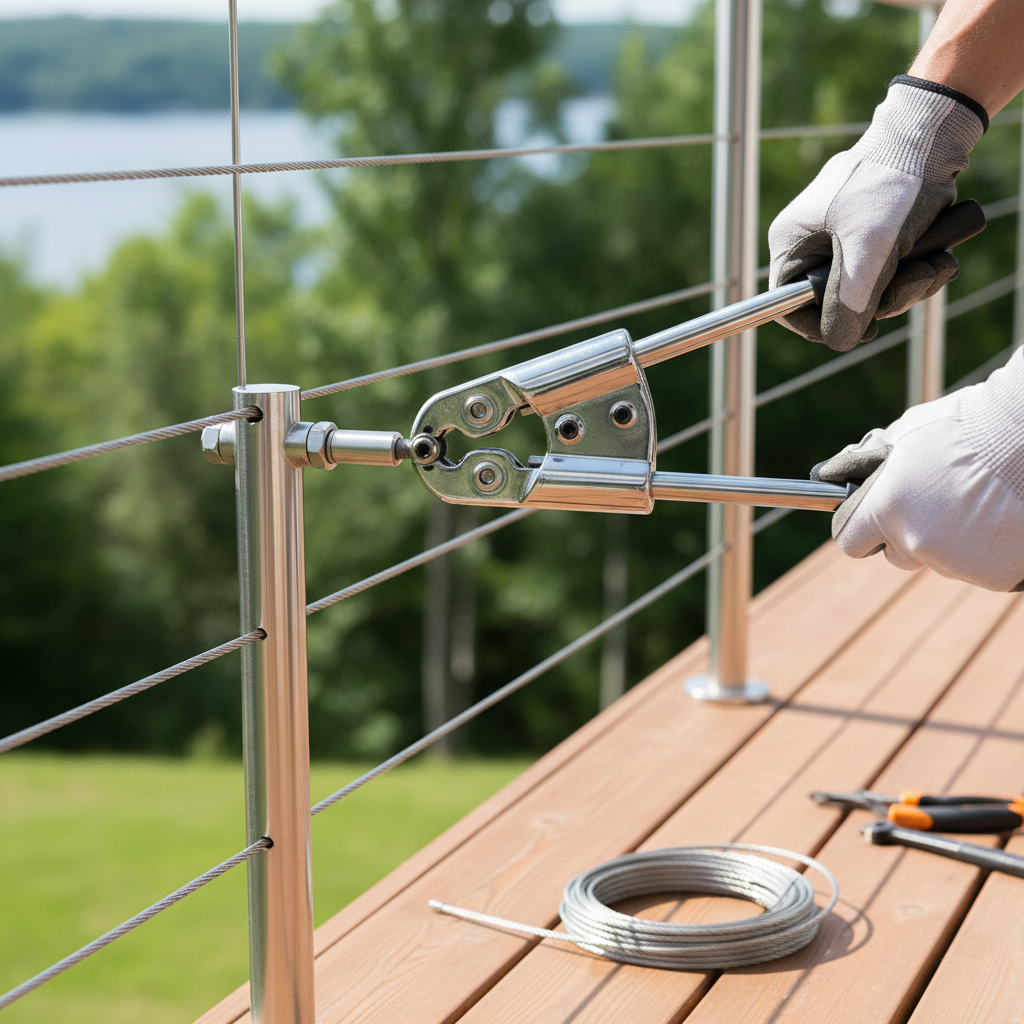 A hydraulic crimper in use on a stainless steel cable railing on an outdoor deck, with a professional DIY setup.