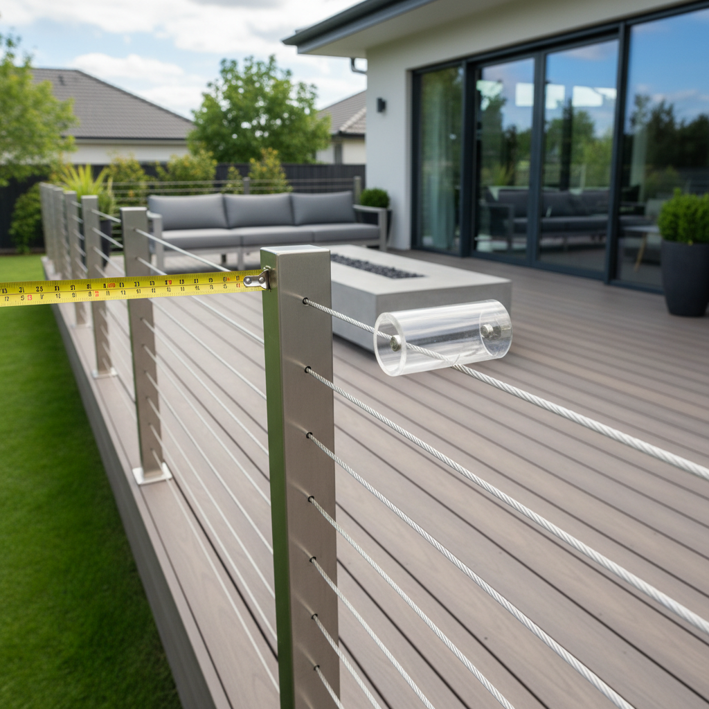 Modern cable railing on a residential deck being inspected for code compliance with measurement tools, clean and safe exterior design.