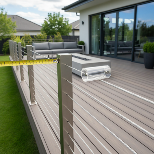 Modern cable railing on a residential deck being inspected for code compliance with measurement tools, clean and safe exterior design.
