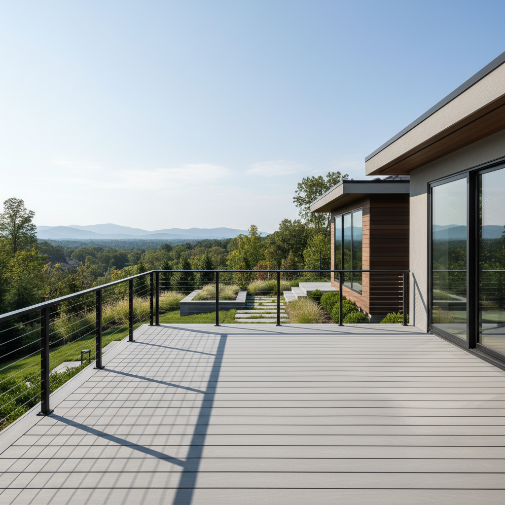 A modern backyard deck with a nearly invisible black cable railing and an unobstructed scenic view in natural daylight.