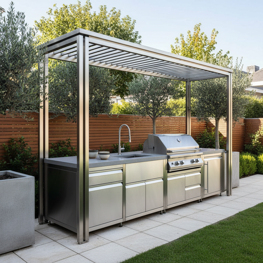 A modern outdoor kitchen with a sleek modular metal frame, built-in grill, sink, and countertops in a contemporary backyard under bright daylight.