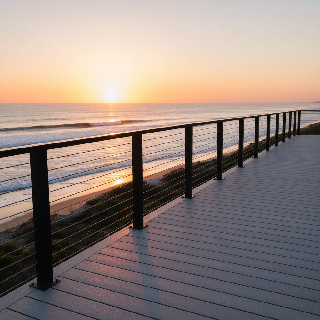 A modern coastal deck with black stainless steel cable railing overlooking the ocean at sunset.