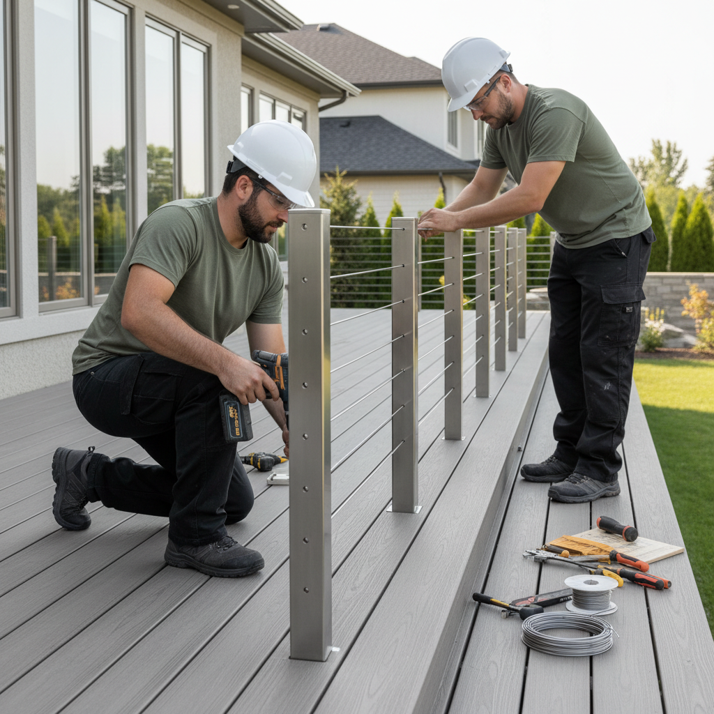 Professional deck contractors installing sleek modular stainless steel cable railing on a modern residential deck.