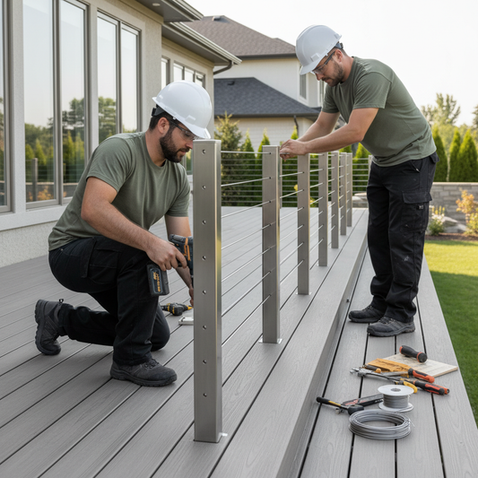 Professional deck contractors installing sleek modular stainless steel cable railing on a modern residential deck.